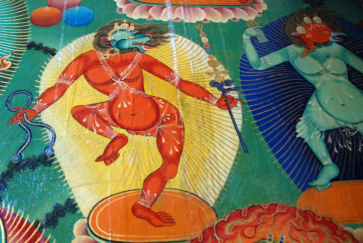 18 Rongbuk Monastery Main Chapel Wall Painting Of Red Animal Headed Dakini And Green Bird Headed Dakini